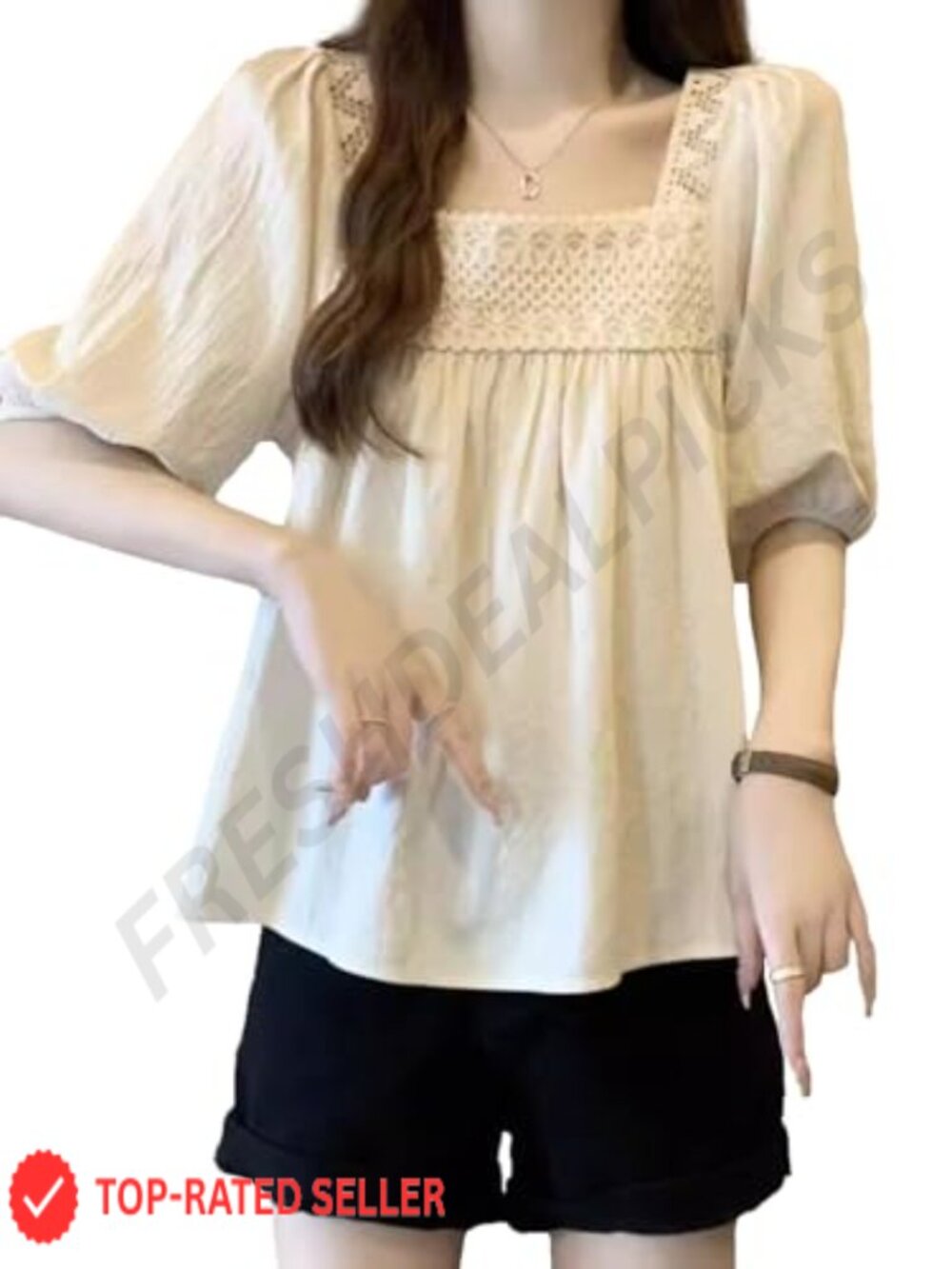 Boho Ruffle Lace Trim Blouse Square Neck Short Sleeve Peasant Top